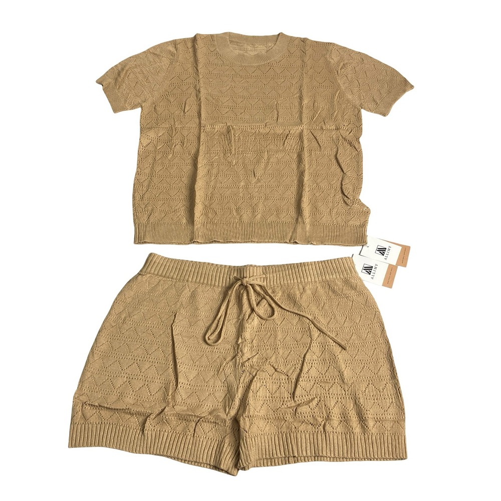 Allimy Pointelle Knit Sweater Shorts Set Womens XL Camel Crewneck Lounge Casual